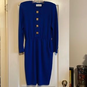 Vintage St. John Royal Blue Knit Dress with Gold Buttons & Suede Belt. Size 4.